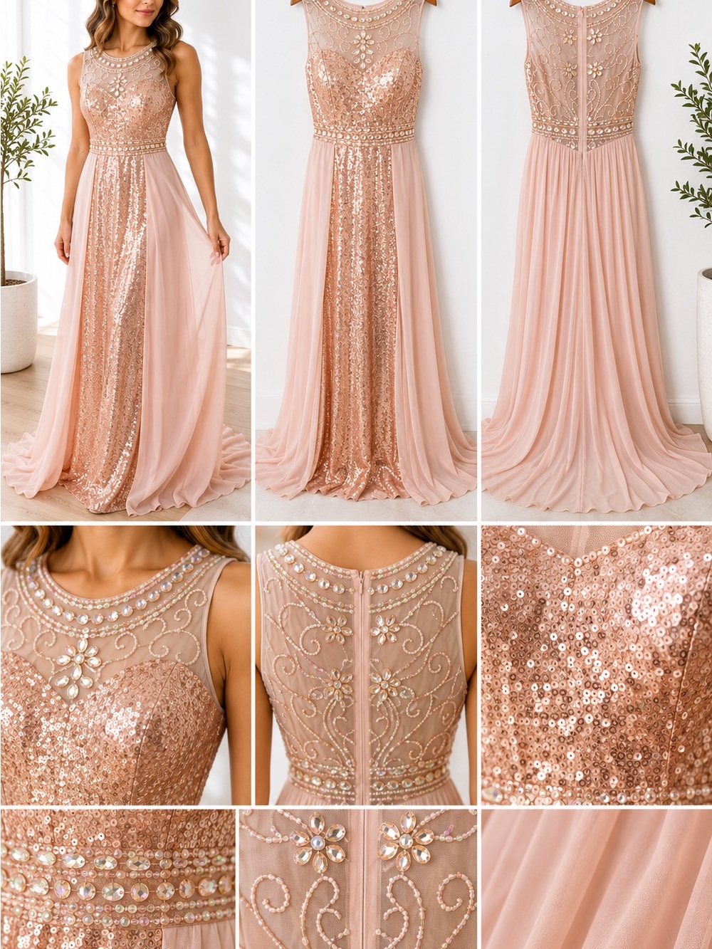 Elegant Rose Gold Sequin Embellished Evening Gown